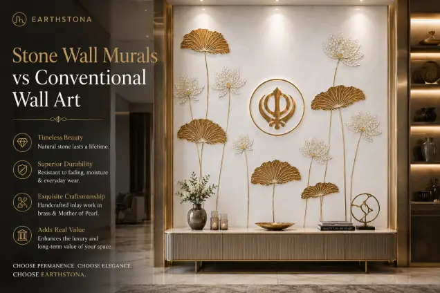 Luxury natural stone wall coverings, stone wall murals, sandstone wall carvings, marble wall art, stone cladding designs, and custom feature walls by EarthStona for villas, hotels, offices, temples, and premium interiors